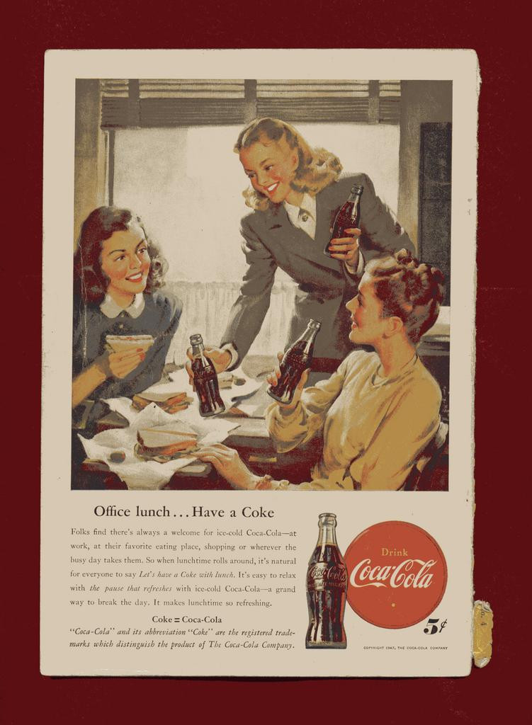 Office lunch... Have a Coke, Coca-Cola advertisement — historic image