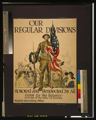 Our regular divisions, honored and respected by all Enlist for the infantry - or in one of the other 12 branches / James Montgomery Flagg ; lithographed by Sackett & Wilhelms Corporation, Brooklyn, N.Y.