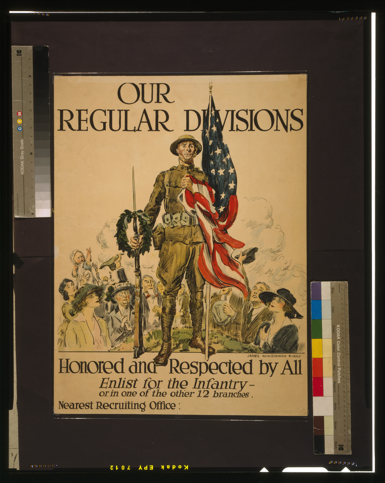 Our regular divisions, honored and respected by all Enlist for the infantry - or in one of the other 12 branches / James Montgomery Flagg ; lithographed by Sackett & Wilhelms Corporation, Brooklyn, N.Y., 1918 — vintage poster