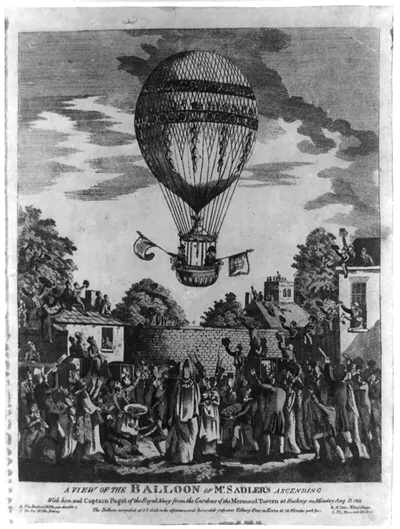 A view of the balloon of Mr. Sadler's ascending with him and Captain Paget of the Royal Navy from the gardens of the Mermaid Tavern at Hackney on Monday, August 12, 1811