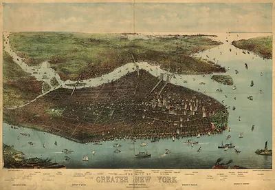 Bird's-eye view map of Greater New York