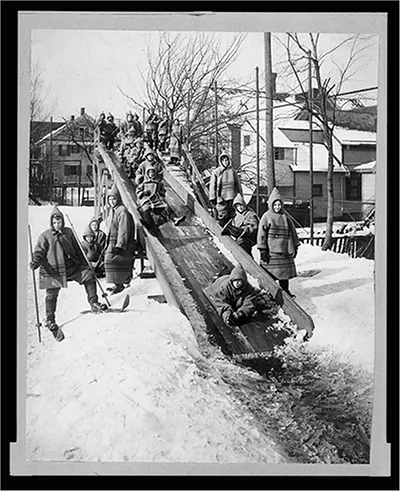 Sledding, Rochester, out of door school, coasting on the toboggan