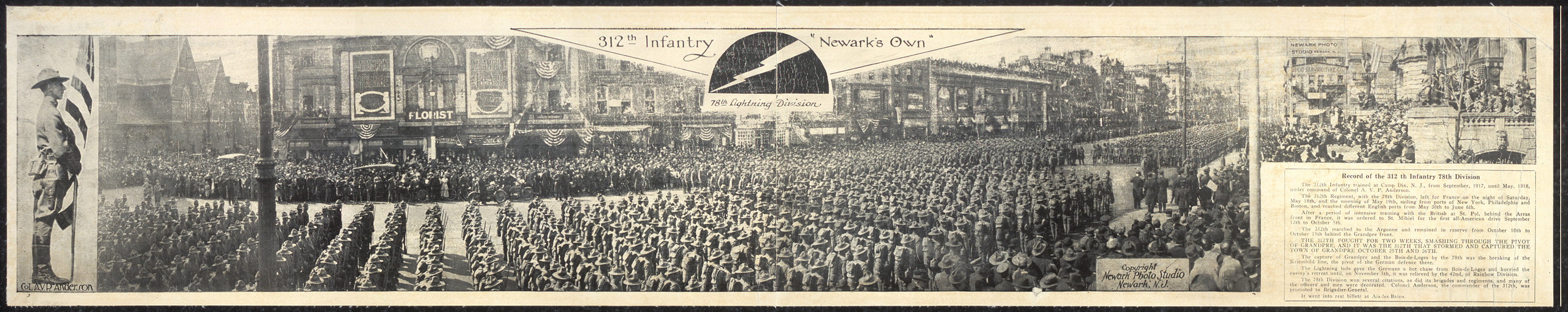312th Infantry "Newark's Own" troops marching in city street, 1919 — historic image