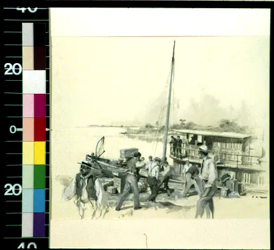 Men loading crates beside a steamboat on a river, pencil sketch