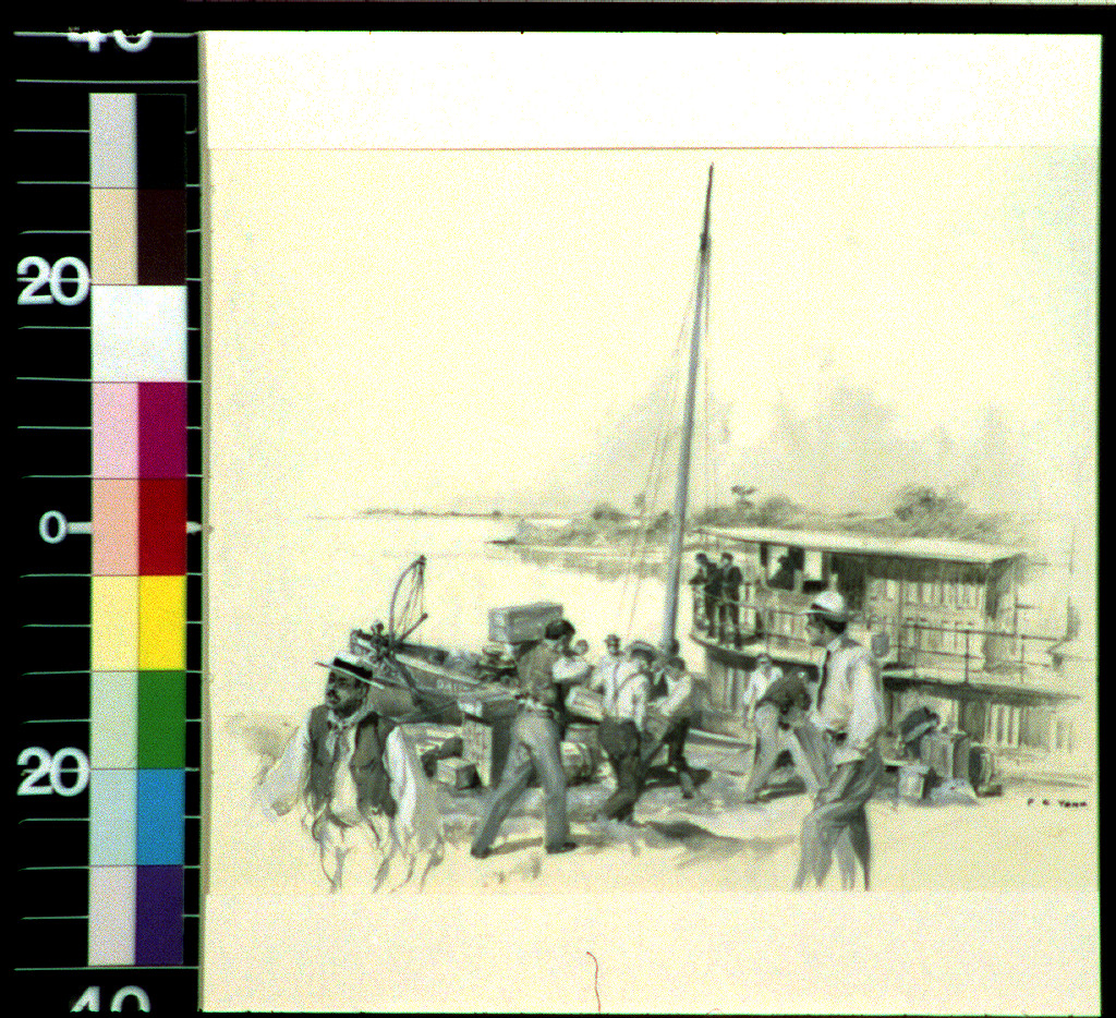 Men loading crates beside a steamboat on a river, pencil sketch — historic image
