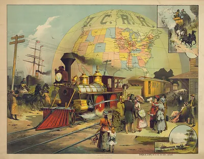I.C.R.R. railroad advertising print with globe map and locomotive