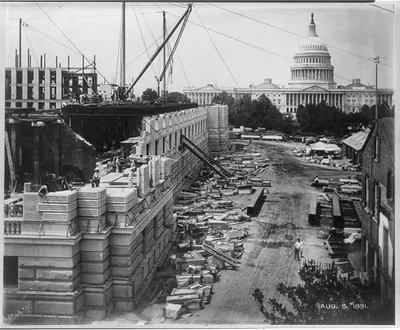 [Construction of basement and first floor of the Library of Congress; U.S. Capitol in backgrd.]