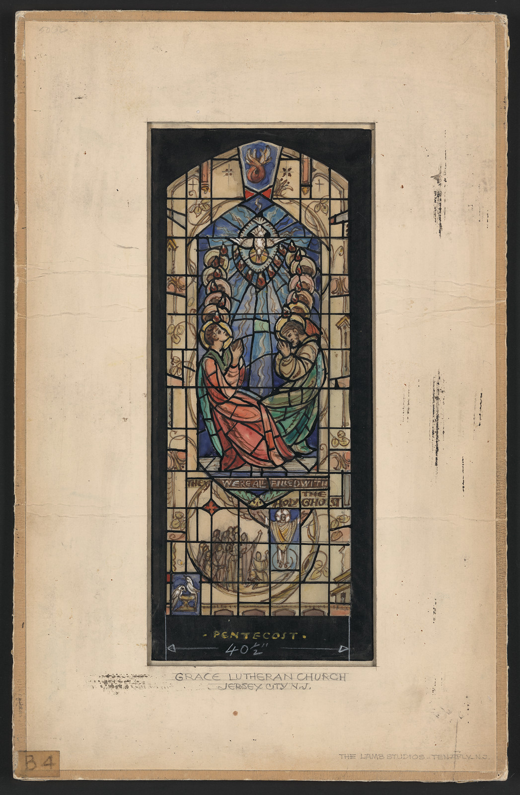 Pentecost stained glass window design, Grace Lutheran Church — historic image