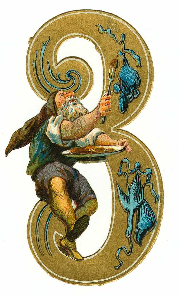 Decorative gold numeral 3 with a cook figure — historic image