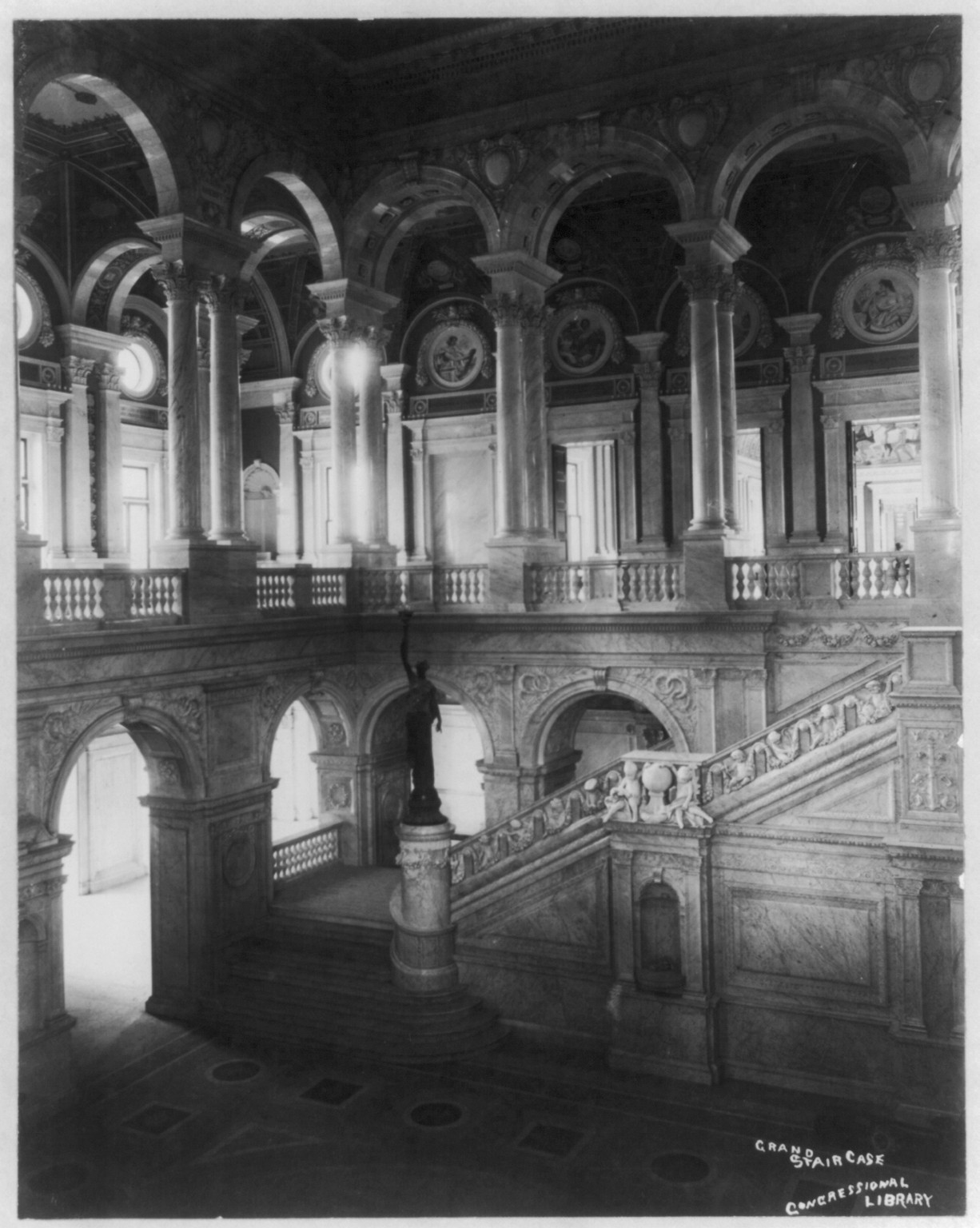 Library of Congress. Interior. Great Hall (detail). Grand Staircase — historic photograph