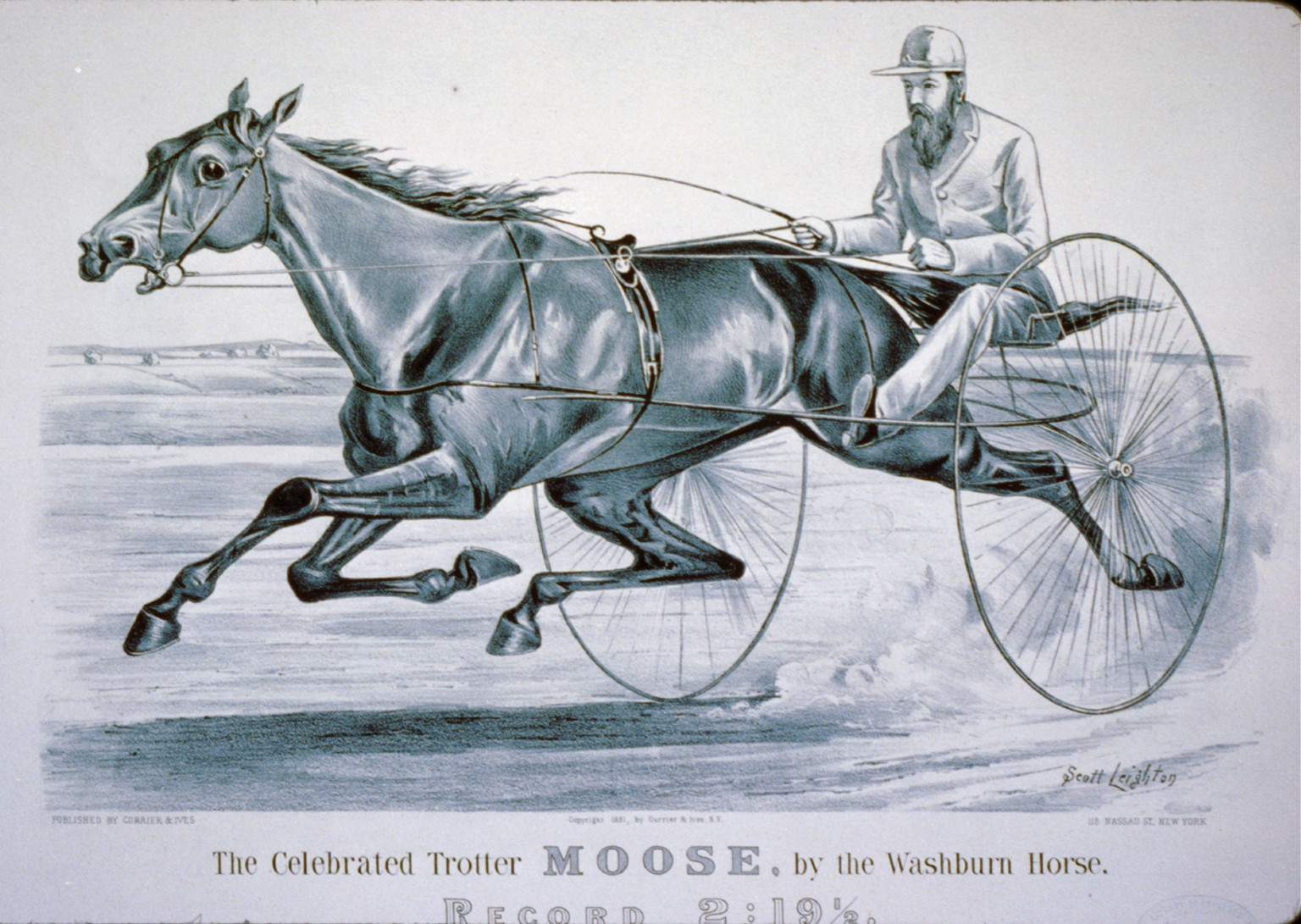 Celebrated trotter Moose, by the Washburn horse: Record 2:191/2, [New York] : Currier & Ives, 1881. — antique lithograph