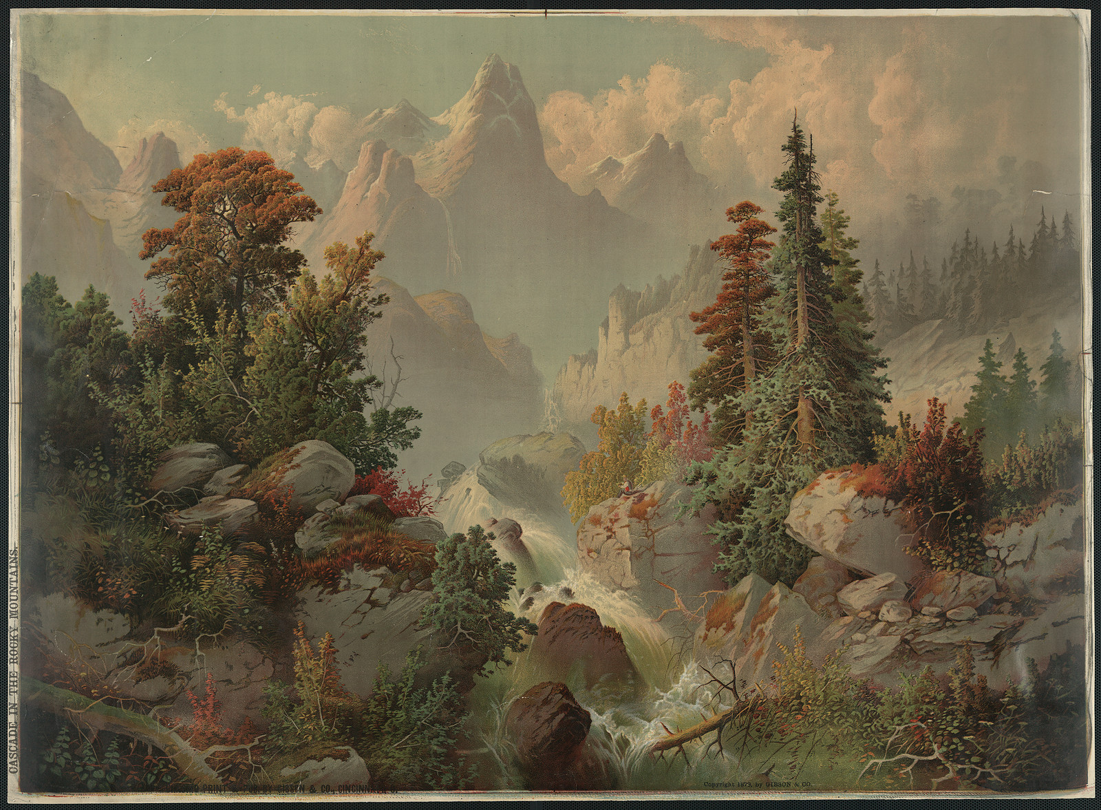 Cascade in the Rocky Mountains, Cincinnati : Gibson & Co., 1879. — antique lithograph