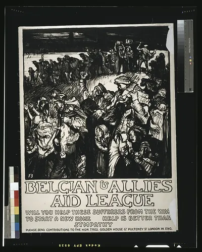 Belgian Allies Aid League. Will you help these sufferers from the war to start a new home. Help is better than sympathy / Frank Brangwyn A.R.A. del et lith printed by the Avenue Press Ltd. Bouverie Street London E.C. England.