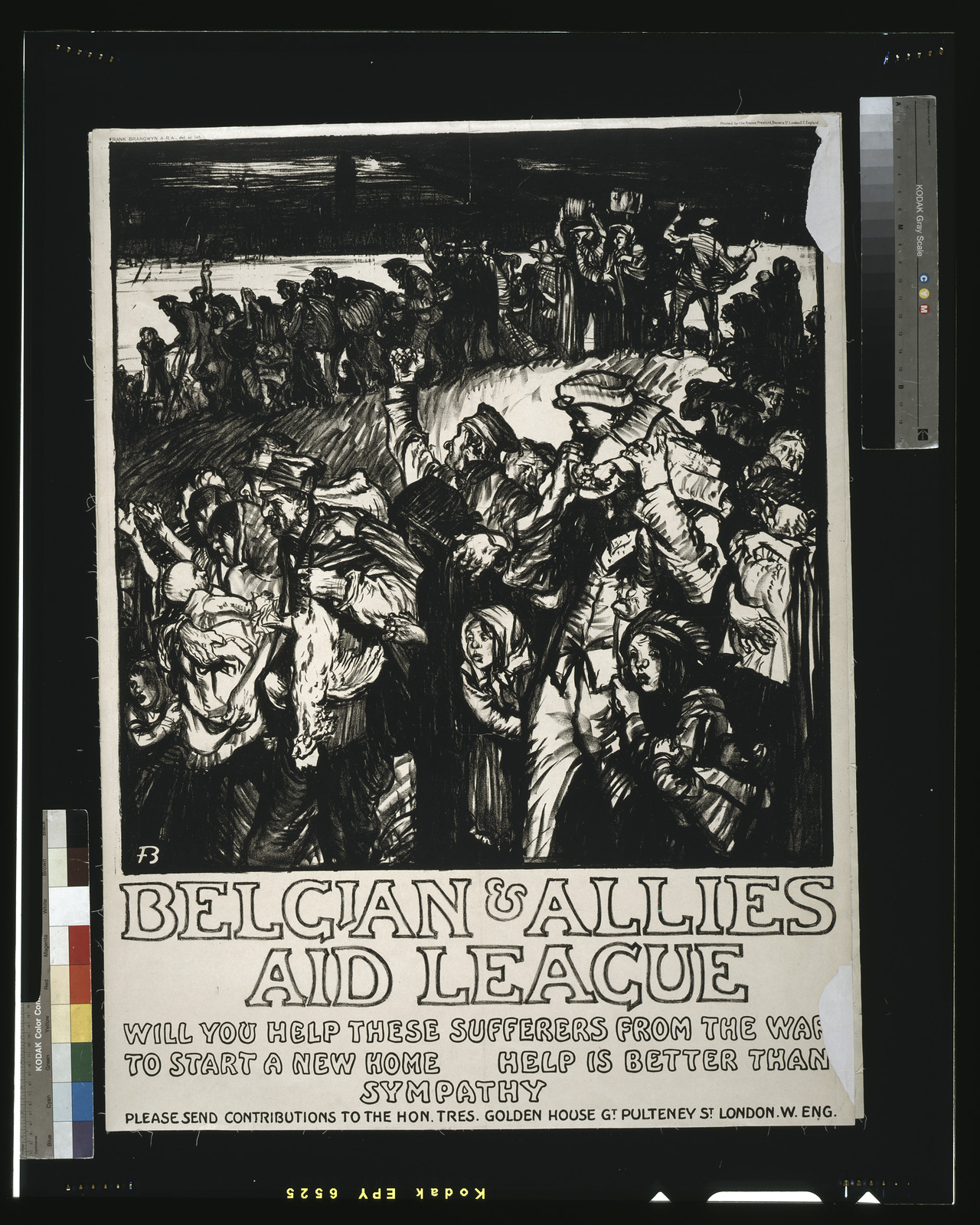 Belgian Allies Aid League. Will you help these sufferers from the war to start a new home. Help is better than sympathy / Frank Brangwyn A.R.A. del et lith printed by the Avenue Press Ltd. Bouverie Street London E.C. England., 1915 — vintage poster
