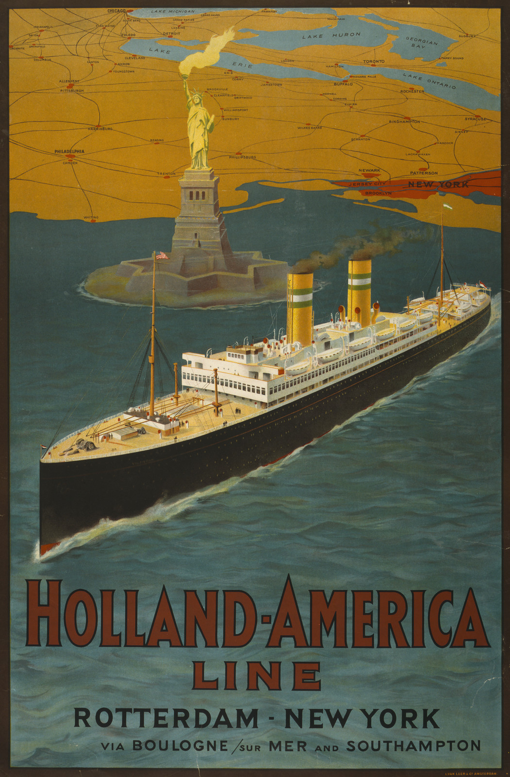 Holland-America Line. Rotterdam-New York via Boulogne/sur mer and Southampton, Amsterdam : L. van Leer & Co., [ca. 1950] — vintage poster