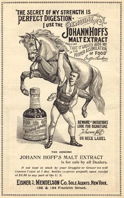 Johann Hoff's Malt Extract advertisement with strongman and horse
