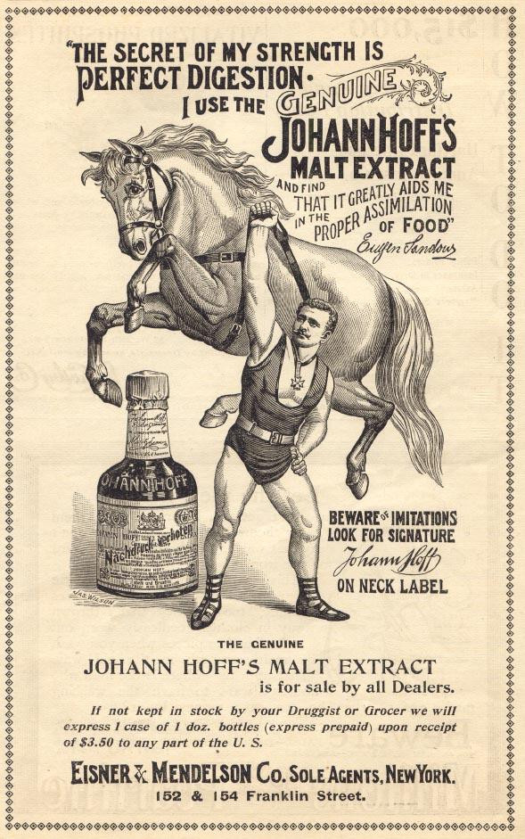 Johann Hoff's Malt Extract advertisement with strongman and horse — historic image