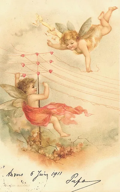 Winged cherubs with heart strings, postcard dated 6 June 1911