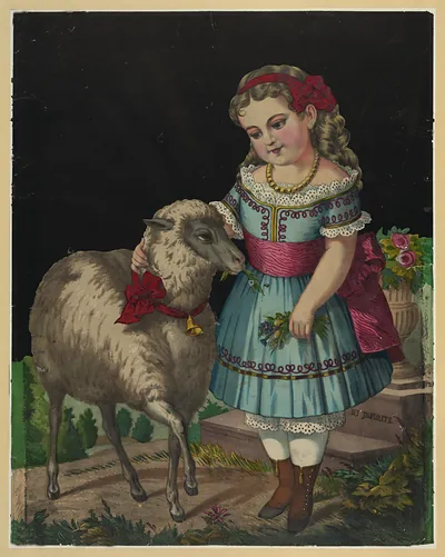 Girl petting a sheep with a bell collar