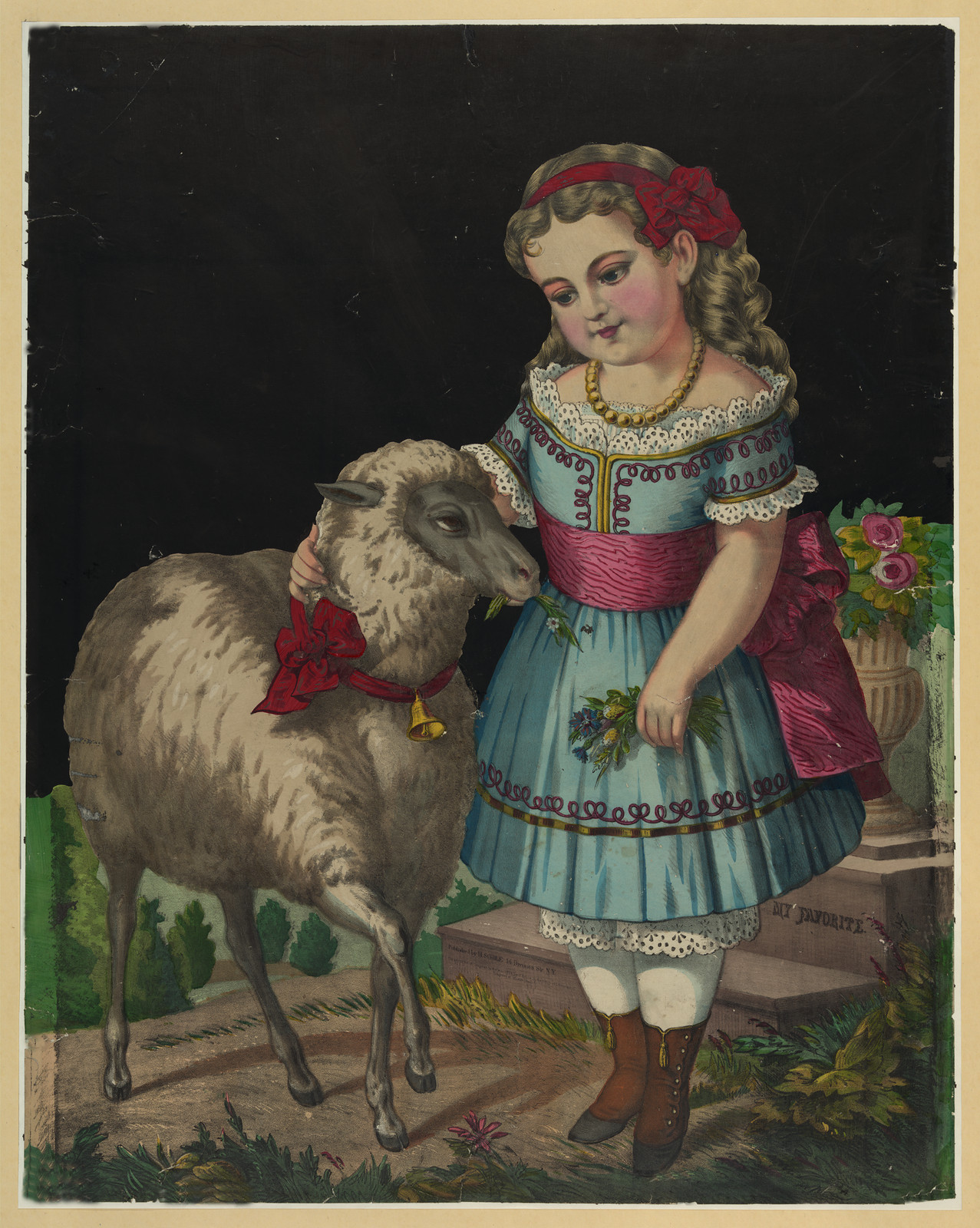 Girl petting a sheep with a bell collar — historic image