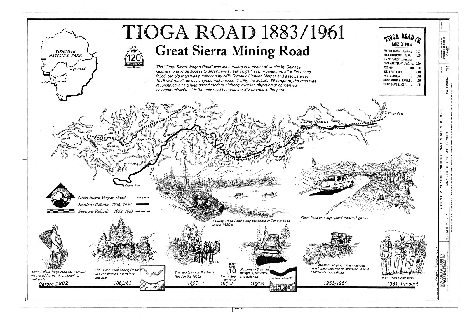 Tioga Road 1883/1961: Great Sierra Mining Road map — antique map