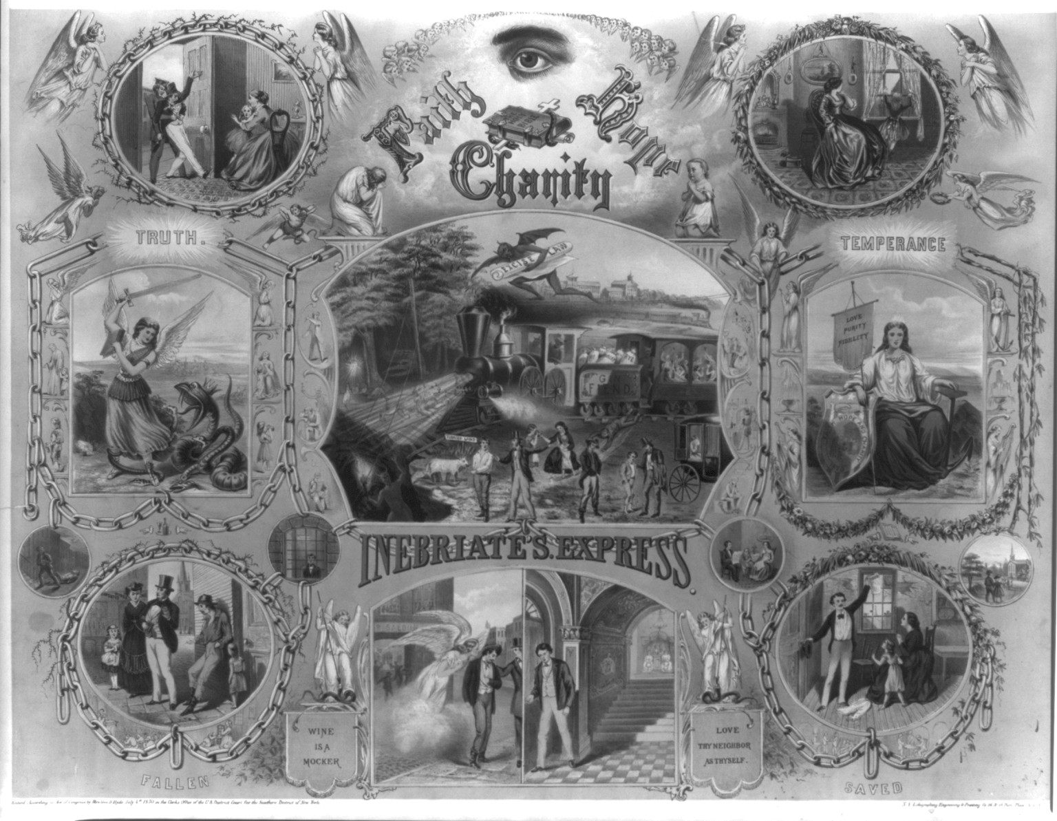 Faith, hope, charity. Inebriate's express / N.Y. Lithographing, Engraving & Printing Co., New York., c1870. — antique lithograph
