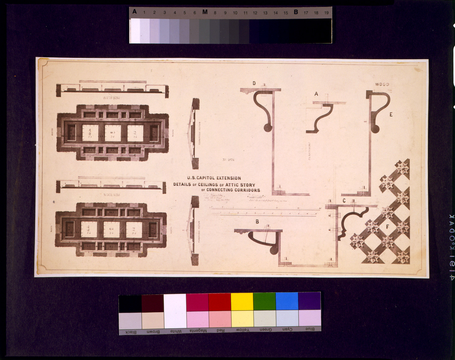 [United States Capitol (Washington, D.C.). Extension. Details of ceilings of attic story of connecting corridors] / W.B. Franklin, capt. top. engrs., in charge ; Tho. U. Walter, archt. Ex. U.S. Capitol, July 14, 1860., and Engineering (ADE) Drawings" (http://www.loc.gov/rr/print/res/103_ade.html)." — historic image