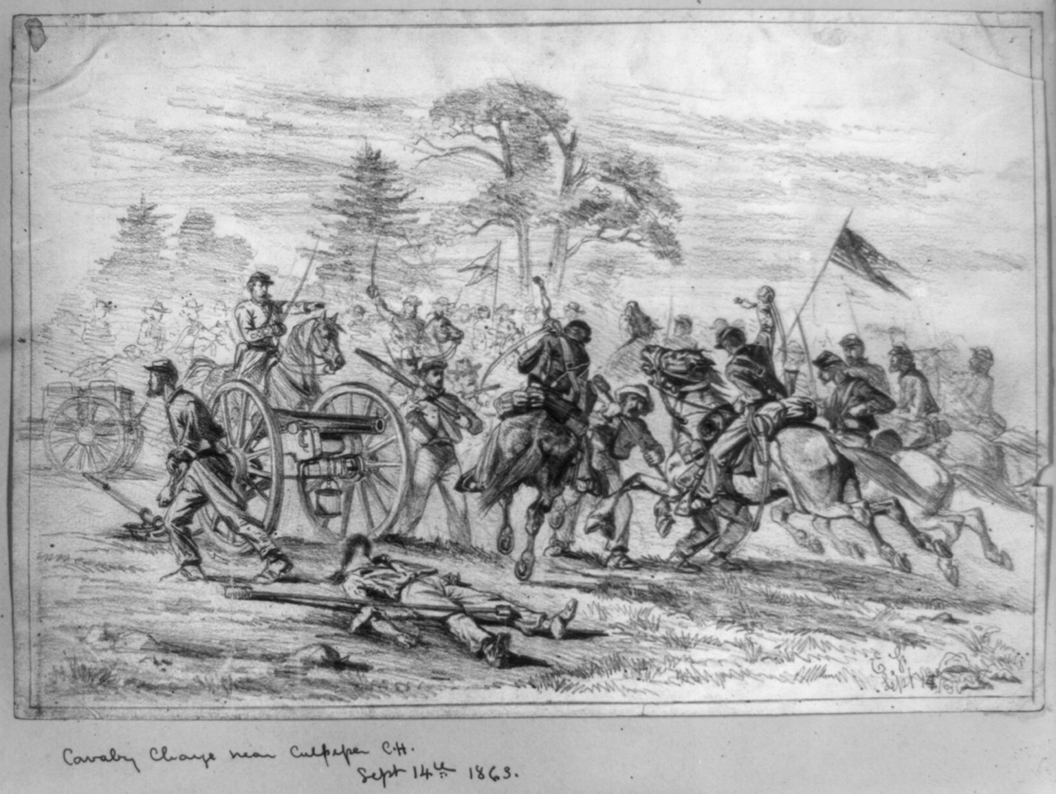 [Cavalry charge near Culpeper Court House, Va.] / E.F., [18]64 Sept. 14. — historic drawing