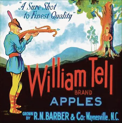 William Tell Brand Apples crate label, grown by R.N. Barber