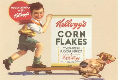 Kellogg's Corn Flakes advertisement: boy on cart with dog