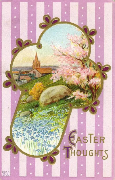 Easter Thoughts greeting card with church and blossoms