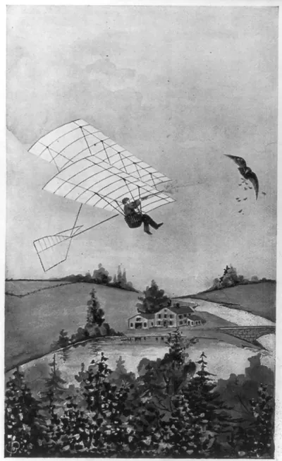 [Man aloft in glider beside bird]