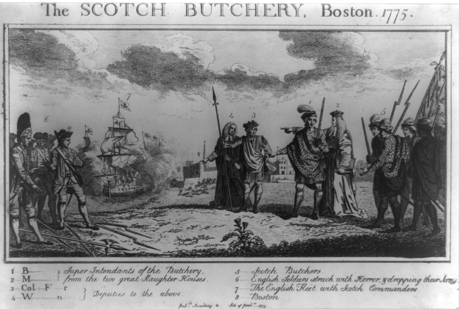 The Scotch Butchery, Boston, 1775, [London] : Pubd. According to Act of Parlnt, 1775. — historic print