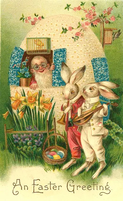 An Easter Greeting postcard with rabbits, gnome and eggs