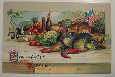 Thanksgiving Greetings postcard with turkey, fruit and flag shield