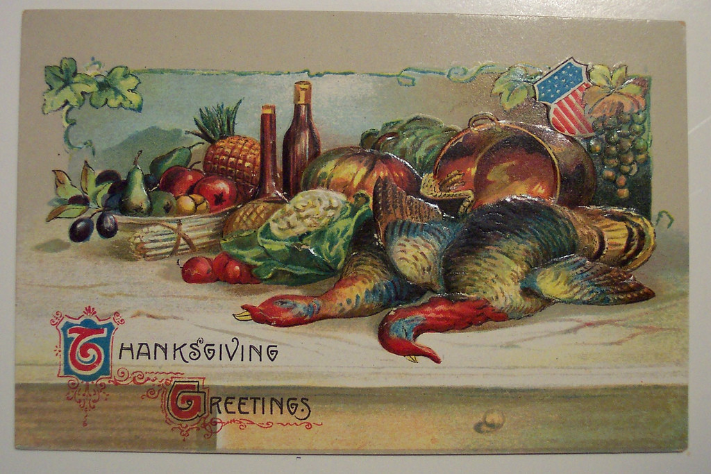 Thanksgiving Greetings postcard with turkey, fruit and flag shield — vintage postcard