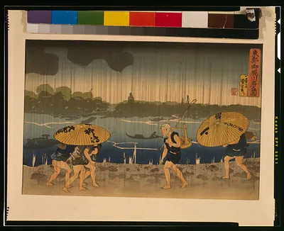 [People walking beneath umbrellas along the seashore during a rainstorm]