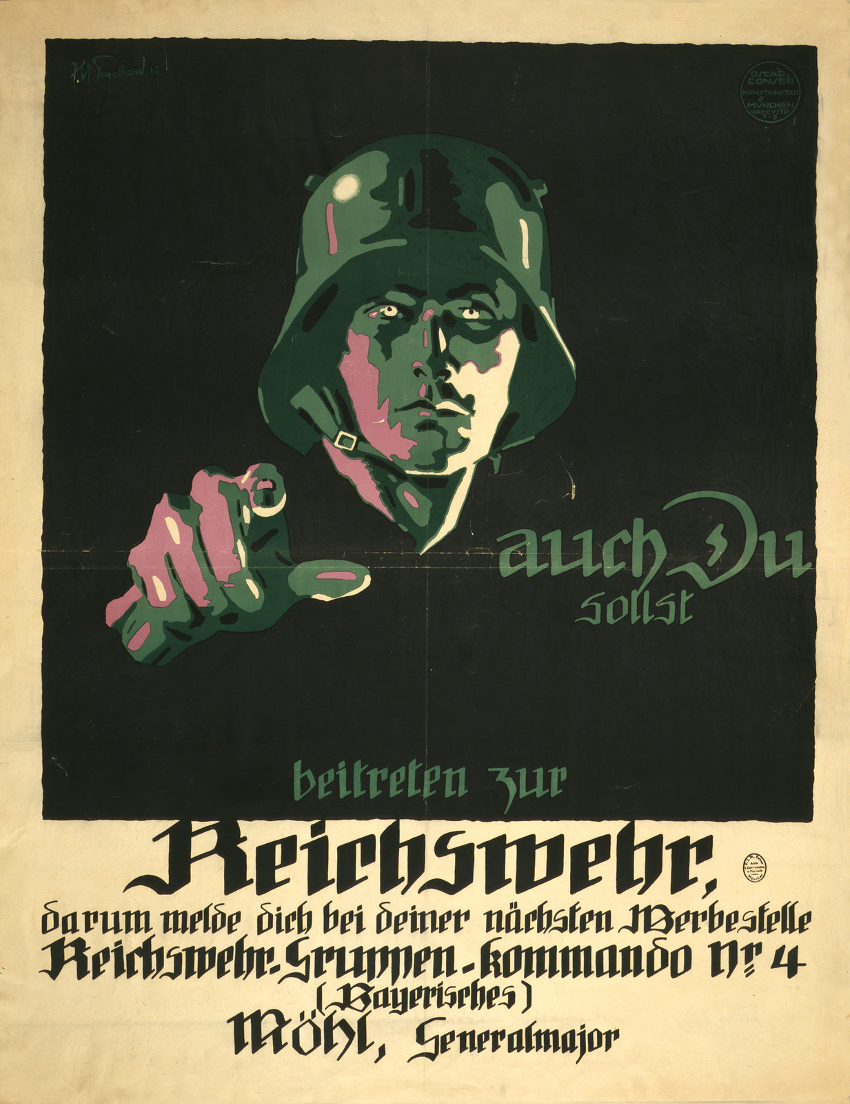 Auch du sollst beitreten zur Reichswehr ... / J.U. Engelhard, '19., München : Oscar Consée Kunstanstalt, 1919. — vintage poster