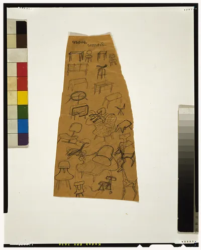 [Early concept sketch for lounge chair, with sketches of various chairs and tables]
