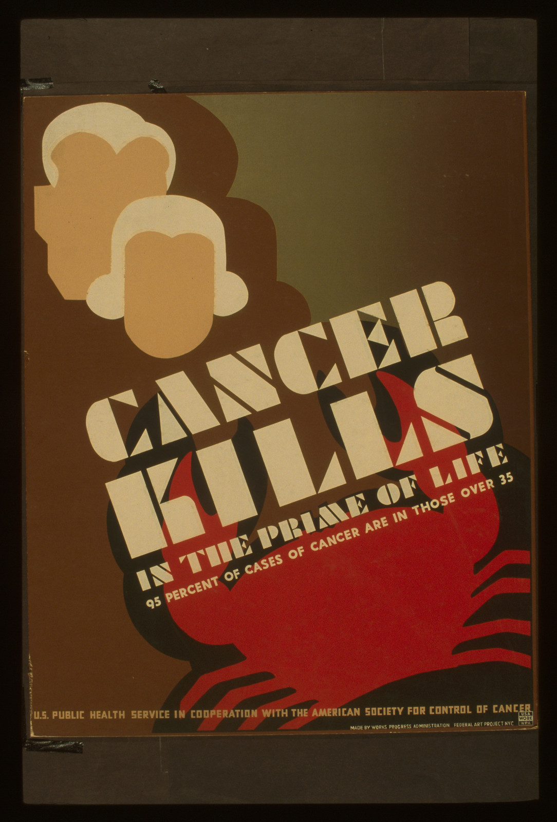 Cancer kills in the prime of life 95 percent of cases of cancer are in those over 35., 1936 — vintage poster