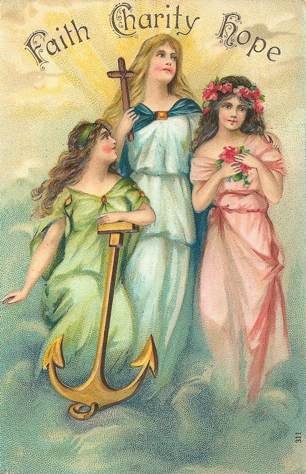 Faith, Charity and Hope allegorical women with golden anchor — historic image
