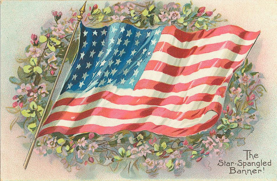 The Star-Spangled Banner flag postcard with blossoms — vintage postcard
