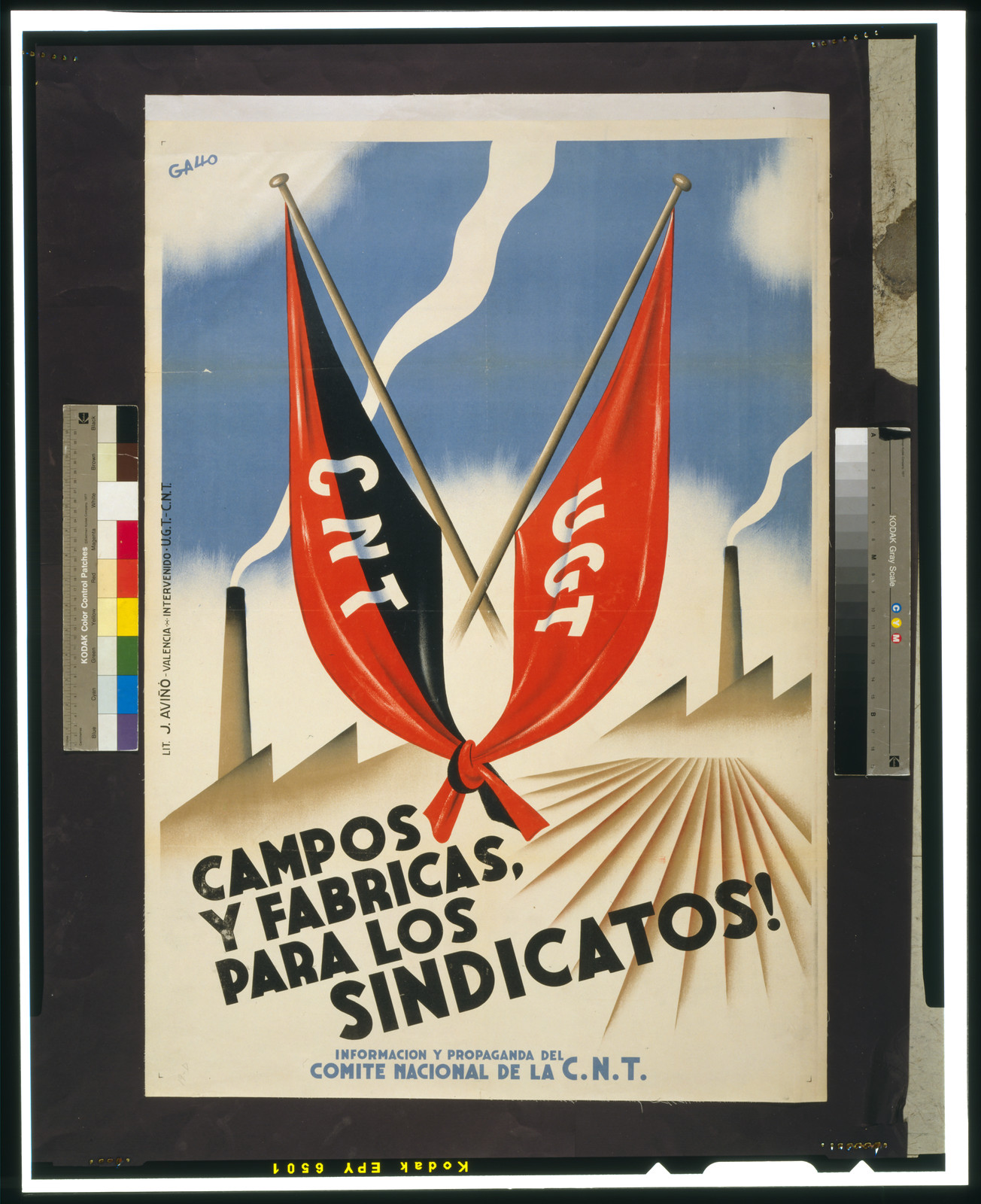 Campos y fabricas, para los sindicatos!, Barcelona : C.N.T., [between 1936 and 1939] — vintage poster