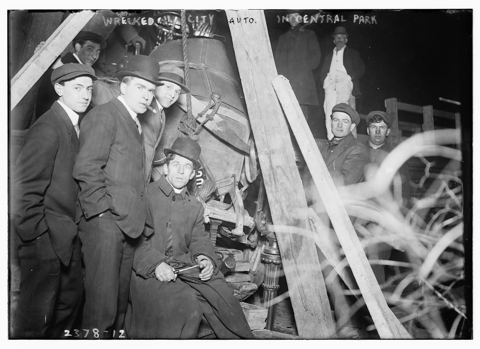 Wrecked city auto in Central Park, n/a — historic photograph