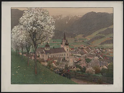 Alpine village with church and religious procession