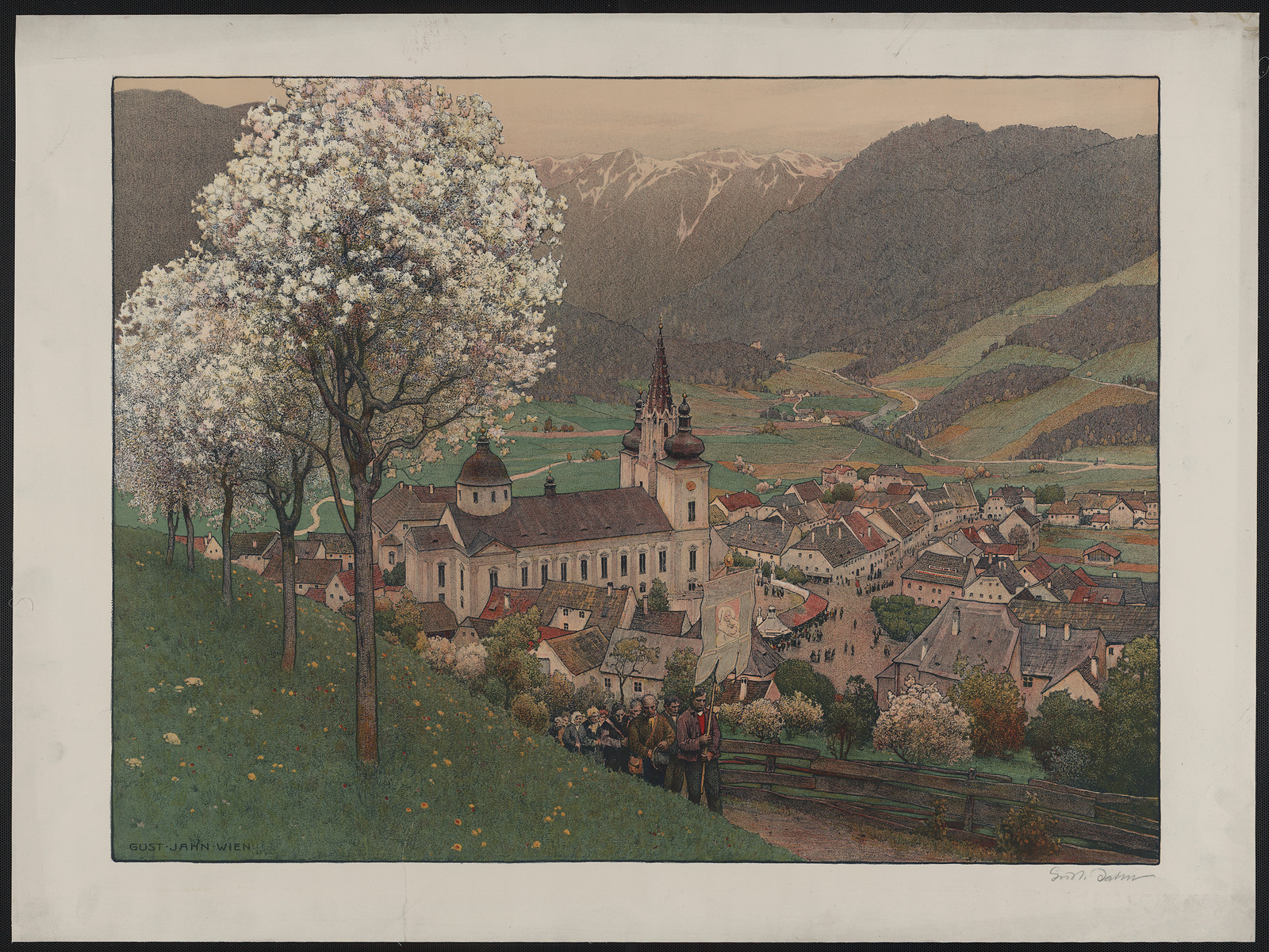 Alpine village with church and religious procession — historic image