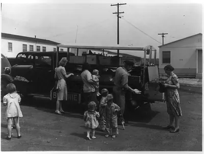 [Women buying produce from an automobile huckster at a federal works agency defense housing project, San Diego, Calif.]
