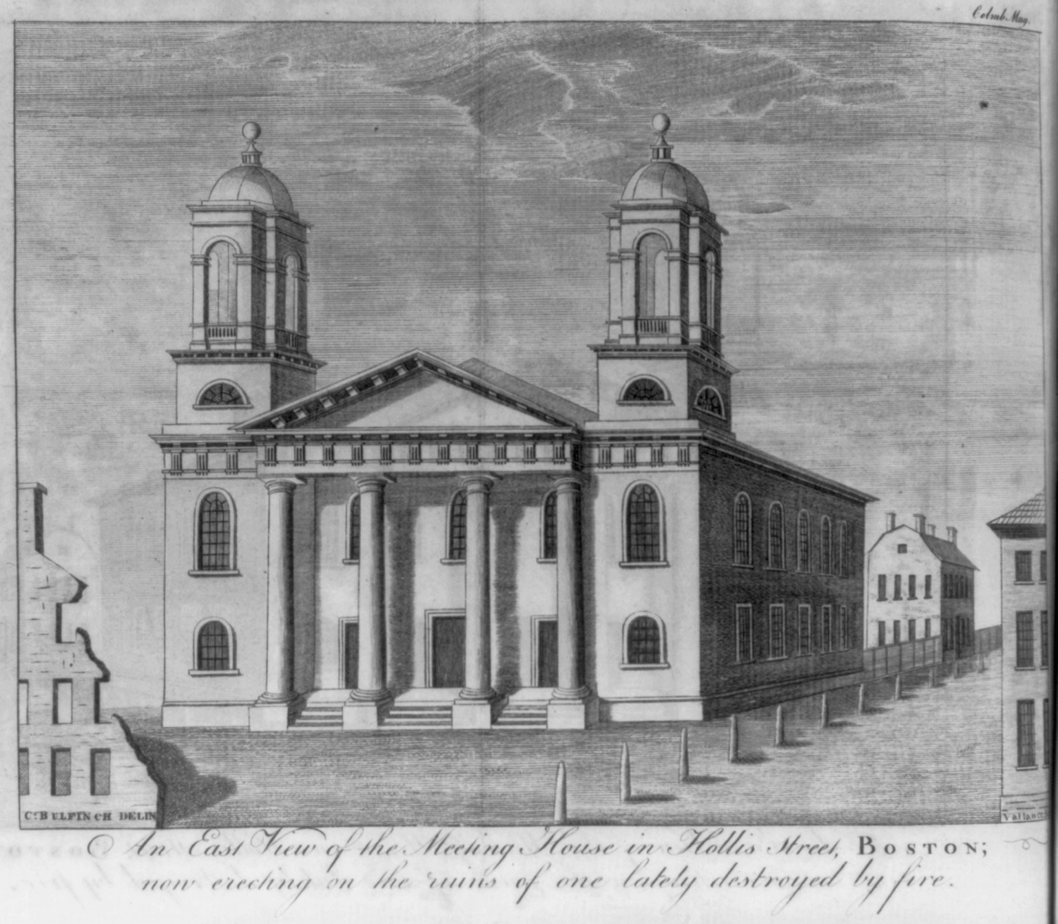 An east view of the meeting house in Hollis Street, Boston, now erecting on the ruins of one lately destroyed by fire / C. Bulfinch delin. ; Vallance sc., [1788] — historic print