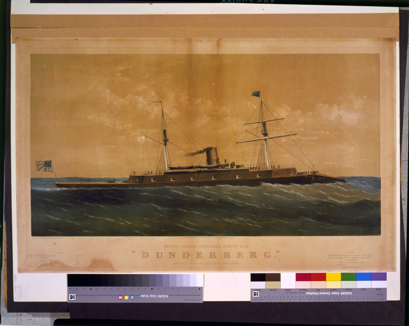 Ironclad warship USS Dunderberg, lithograph print — antique lithograph