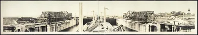 Panoramic view of Gatun Locks under construction, Panama Canal